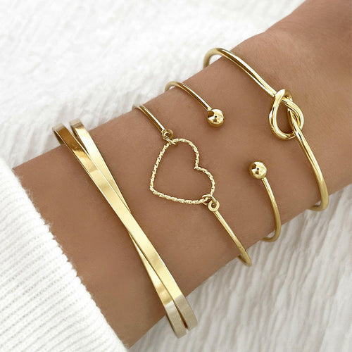 Vintage Gold Crystal Heart Letter Love Bangle Bracelet with Multi-layers